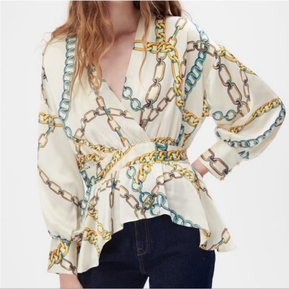 ZARA CHAIN PRINT FLOWY HIGH LOW BALLON SLEEVES BLOUSE SIZE XS/S NWT